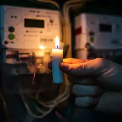 Płonąca świeca w dłoni na tle liczników energii elektrycznej. Gdy najemca nie płaci czynszu, można odłączyć mu media.