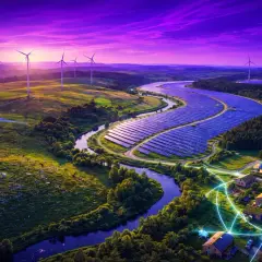 Krajobraz z turbinami wiatrowymi i farmą fotowoltaiczną, symbolizujący smart cities w Polsce.