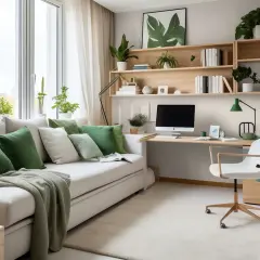 Miękka sofa z zielonymi poduszkami i dywanem pomogą Ci jak wyciszyć pokój domowym sposobem.