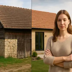Przed i po: jak przekształcić budynek gospodarczy na usługowy. Kobieta z dumą prezentuje odnowiony obiekt.