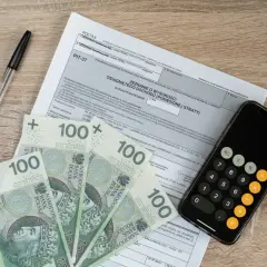 Formularz PIT-37, banknoty 100 zł, długopis i kalkulator na telefonie. Czy wpisowe jest zwrotne?