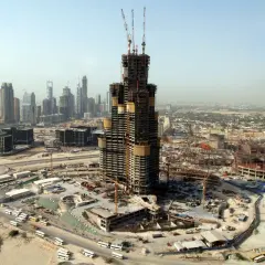 Budowa Burj Khalifa w Dubaju, widok z lotu ptaka na plac budowy, dźwigi i inne wieżowce w tle.