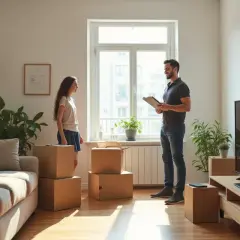 Para młodych omawia zdanie mieszkania po wynajmie. W pokoju stoją kartony, kanapa i telewizor.