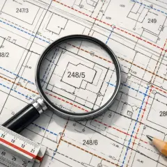 Szukasz informacji, jak uzyskać mapę zasadniczą? Na zdjęciu lupa bada szczegóły planu działki 248/5, obok leży linijka i ołówek.