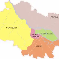 Mapa Wrocławia z zaznaczonymi dzielnicami: Fabryczna, Stare Miasto, Śródmieście, Krzyki, Psie Pole. Jaka to dzielnica Wrocławia?