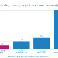 Wykres słupkowy pokazuje, ile ważny jest audyt energetyczny: ceny energii (1 rok), koszty eksploatacyjne (2 lata), źródła ciepła (3 lata), parametry przegród (10 lat).