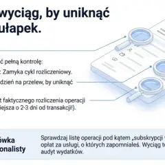 Wyciąg z karty kredytowej z lupami analizującymi kluczowe daty i transakcje. Dowiedz się, jak czytać wyciąg, by uniknąć kosztów.