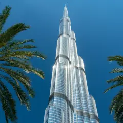 Burj Khalifa, najwyższy budynek świata, ma 163 piętra. Widok z dołu, z palmami w kadrze.