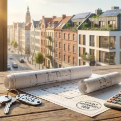 Klucze do nowego mieszkania, plany architektoniczne i kalkulator na drewnianym stole. Dofinansowanie do zakupu mieszkania w 2026 roku staje się realne.