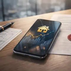 Smartfon z wykresem i ikoną domu, obok długopis i dokumenty. Aplikacja pomaga w zarządzaniu finansami i podpowiada, jak pobierać opłaty za wynajem mieszkania.