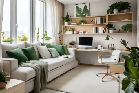 Miękka sofa z zielonymi poduszkami i dywanem pomogą Ci jak wyciszyć pokój domowym sposobem.