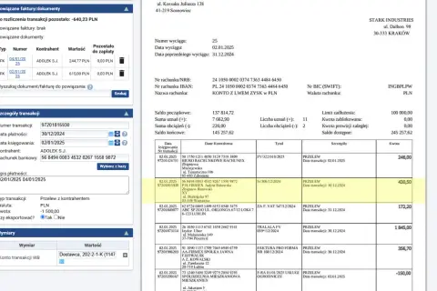 Wyciąg bankowy co to? Dokument zawiera szczegóły transakcji, powiązane faktury i dane kontrahentów.