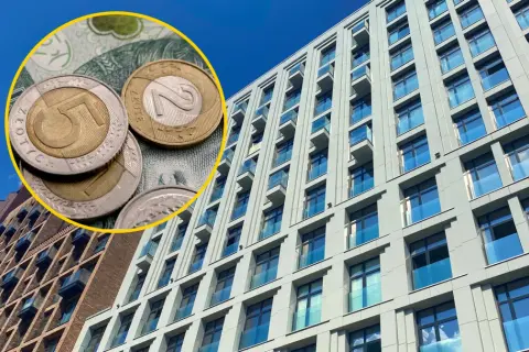 Nowy program mieszkaniowy: monety i banknoty na tle nowoczesnych budynków.