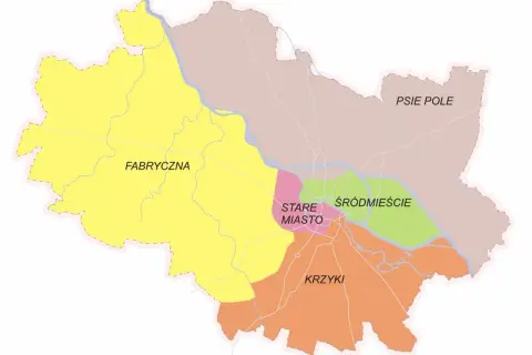 Mapa Wrocławia z zaznaczonymi dzielnicami: Fabryczna, Stare Miasto, Śródmieście, Krzyki, Psie Pole. Jaka to dzielnica Wrocławia?