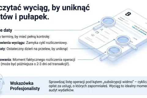 Wyciąg z karty kredytowej z lupami analizującymi kluczowe daty i transakcje. Dowiedz się, jak czytać wyciąg, by uniknąć kosztów.