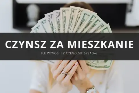Ręce trzymające wachlarz banknotów dolarowych, nad nimi napis "CZYNSZ ZA MIESZKANIE. ILE WYNOŚI I Z CZEGO SIĘ SKŁADA?".