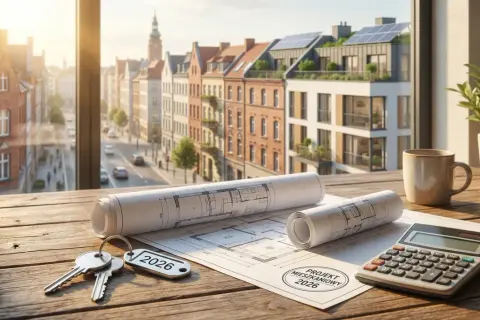 Klucze do nowego mieszkania, plany architektoniczne i kalkulator na drewnianym stole. Dofinansowanie do zakupu mieszkania w 2026 roku staje się realne.
