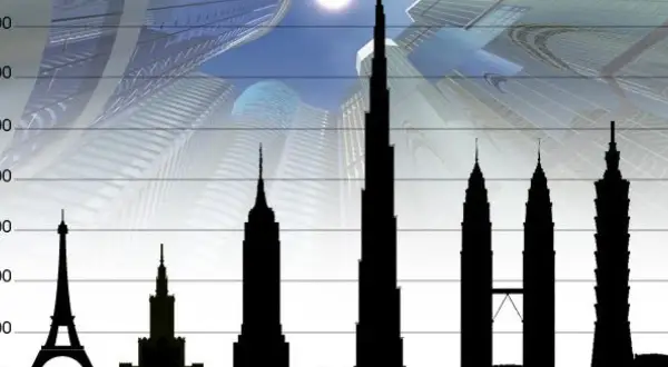 Porównanie wysokości budynków: Wieża Eiffla, Pałac Kultury, Empire State Building, Burdż Chalifa (najwyższy budynek na świecie, 828 metrów), Petronas Towers, Taipei 101.