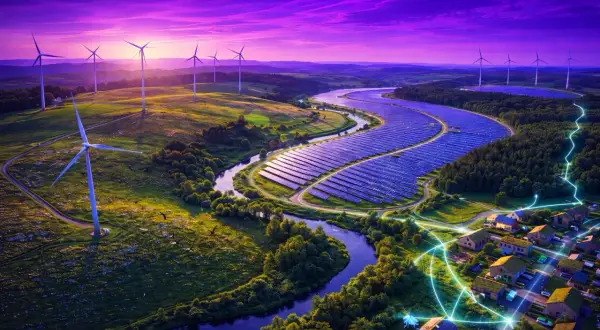 Krajobraz z turbinami wiatrowymi i farmą fotowoltaiczną, symbolizujący smart cities w Polsce.