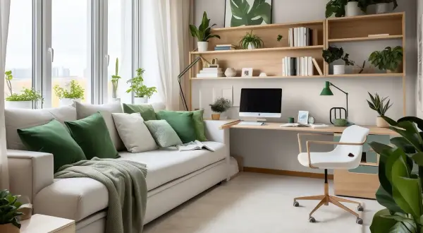 Miękka sofa z zielonymi poduszkami i dywanem pomogą Ci jak wyciszyć pokój domowym sposobem.