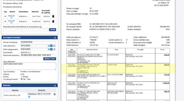 Wyciąg bankowy co to? Dokument zawiera szczegóły transakcji, powiązane faktury i dane kontrahentów.