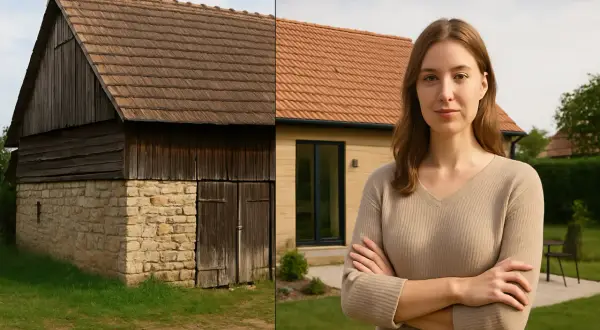 Przed i po: jak przekształcić budynek gospodarczy na usługowy. Kobieta z dumą prezentuje odnowiony obiekt.