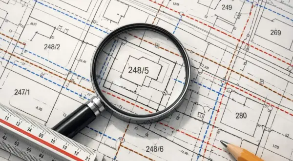 Szukasz informacji, jak uzyskać mapę zasadniczą? Na zdjęciu lupa bada szczegóły planu działki 248/5, obok leży linijka i ołówek.