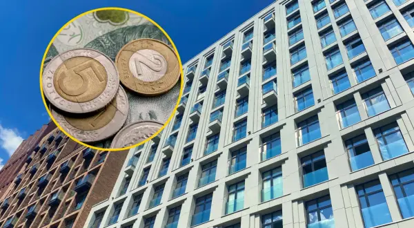 Nowy program mieszkaniowy: monety i banknoty na tle nowoczesnych budynków.