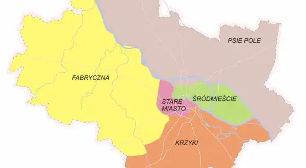 Mapa Wrocławia z zaznaczonymi dzielnicami: Fabryczna, Stare Miasto, Śródmieście, Krzyki, Psie Pole. Jaka to dzielnica Wrocławia?
