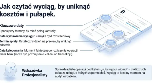 Wyciąg z karty kredytowej z lupami analizującymi kluczowe daty i transakcje. Dowiedz się, jak czytać wyciąg, by uniknąć kosztów.