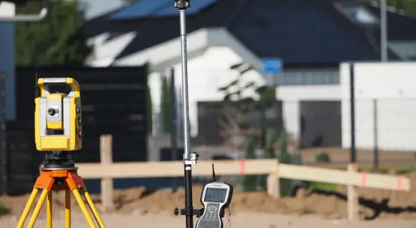 Geodeta sprawdza przy odbiorze budynku położenie elementów za pomocą tachimetru i odbiornika GPS.
