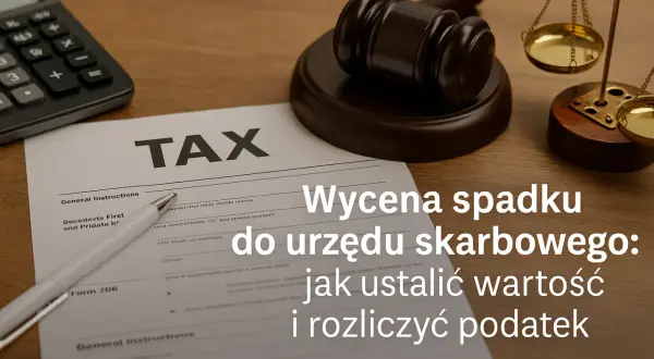 Formularz podatkowy, młotek sędziowski i waga szalkowa. Dowiedz się, ile wynosi podatek od spadku mieszkania i jak go rozliczyć.