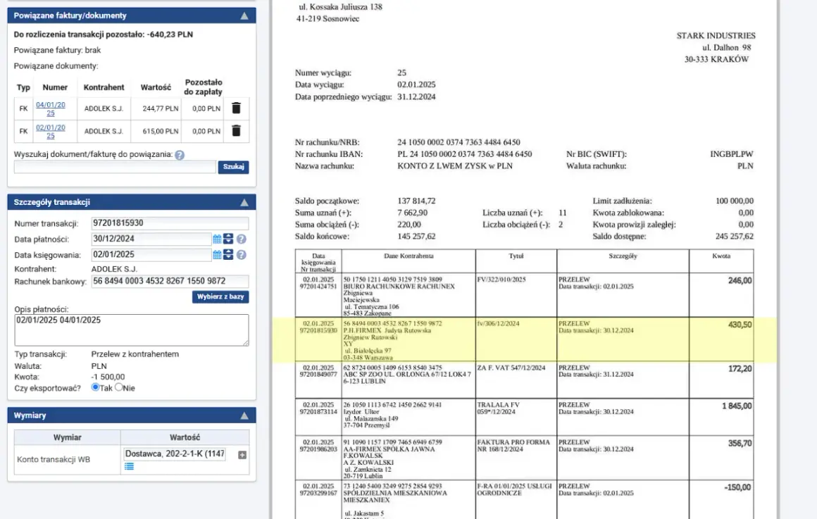 Wyciąg bankowy co to? Dokument zawiera szczegóły transakcji, powiązane faktury i dane kontrahentów.
