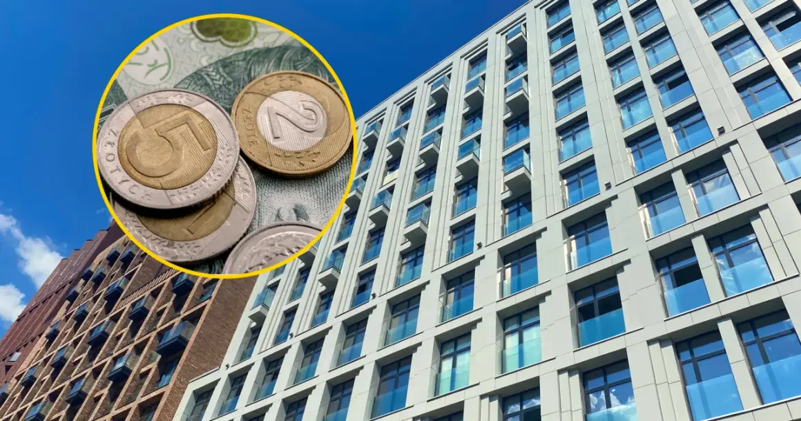 Nowy program mieszkaniowy: monety i banknoty na tle nowoczesnych budynków.