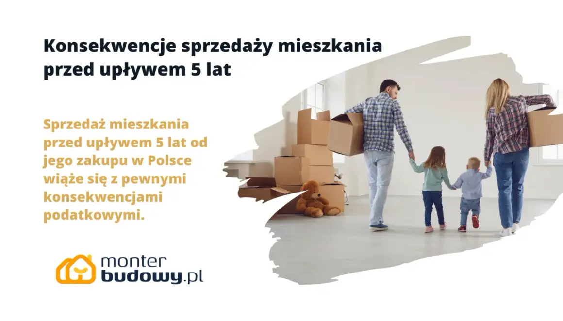 Rodzina z dziećmi wchodzi do nowego mieszkania z kartonami. Dowiedz się, jaki podatek od sprzedaży mieszkania przed upływem 5 lat.