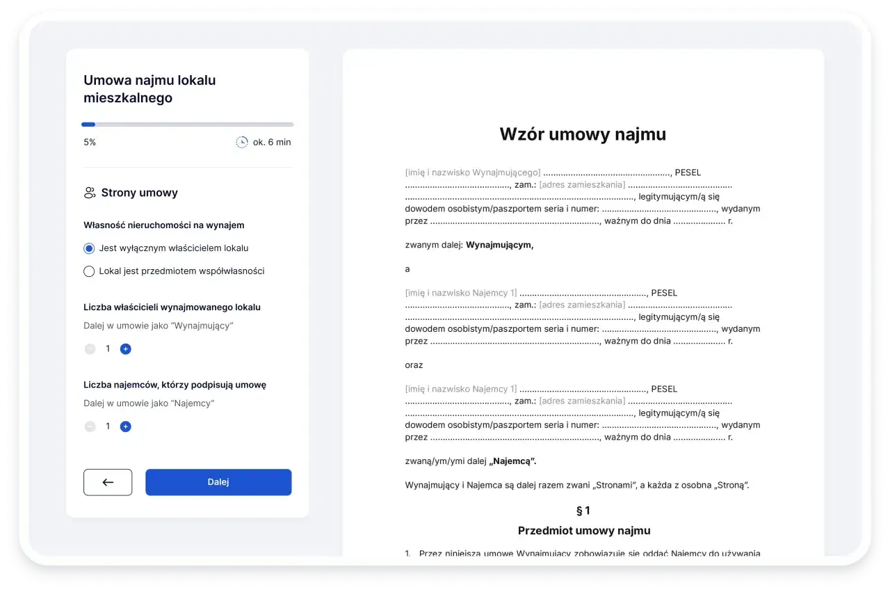 Formularz umowy najmu lokalu mieszkalnego. Uzupełnianie danych stron umowy, w tym prawa wynajmującego mieszkanie.