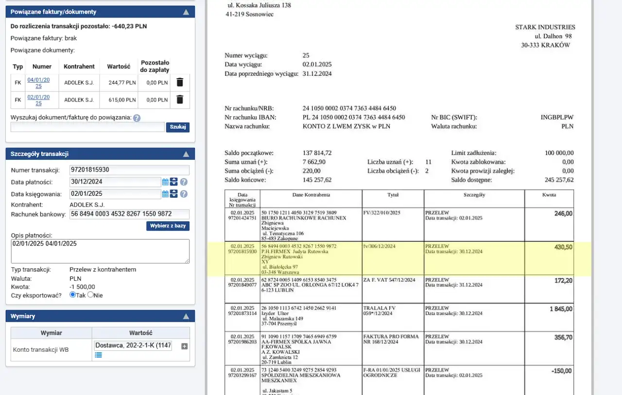Wyciąg z konta bankowego pokazuje szczegóły transakcji, salda i powiązane dokumenty.