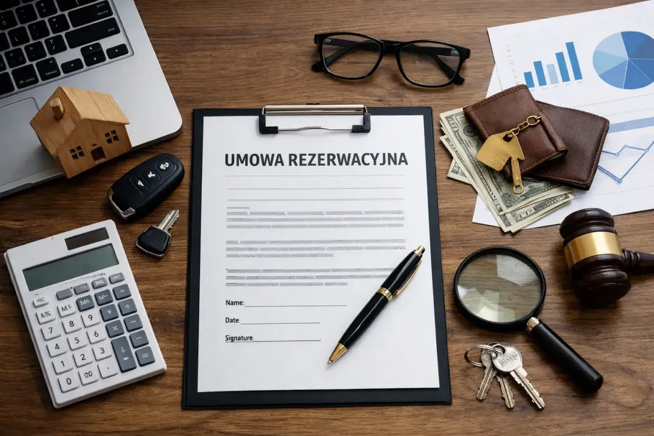 Na biurku leży umowa rezerwacyjna nieruchomości, klucze, pieniądze i młotek sędziowski.