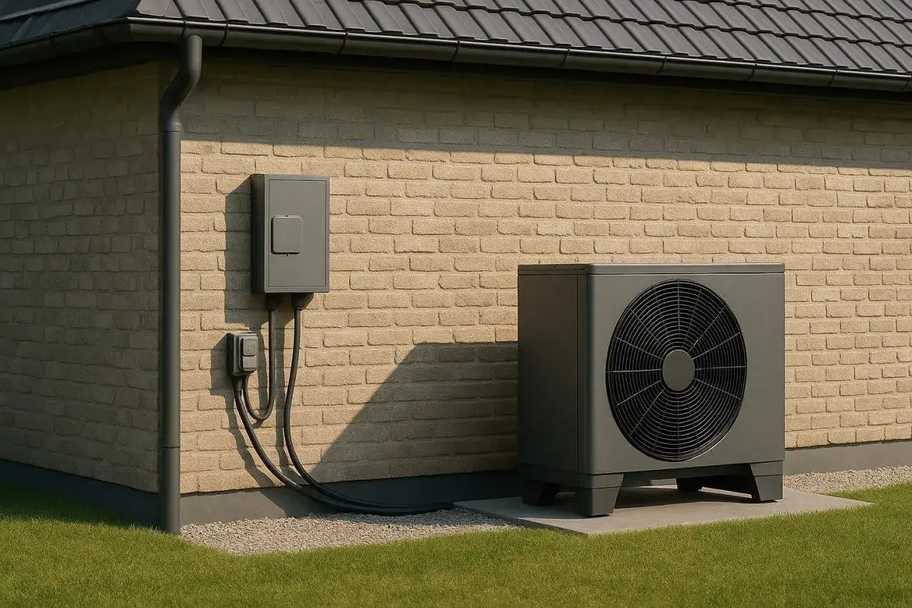 Instalacja pompy ciepła: skrzynka elektryczna i jednostka zewnętrzna przy ścianie domu. Dowiedz się, jak podłączyć siłę w domu.