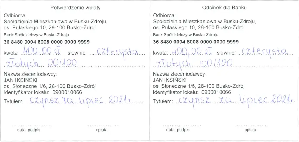 Przykładowy rachunek za czynsz w spółdzielni mieszkaniowej