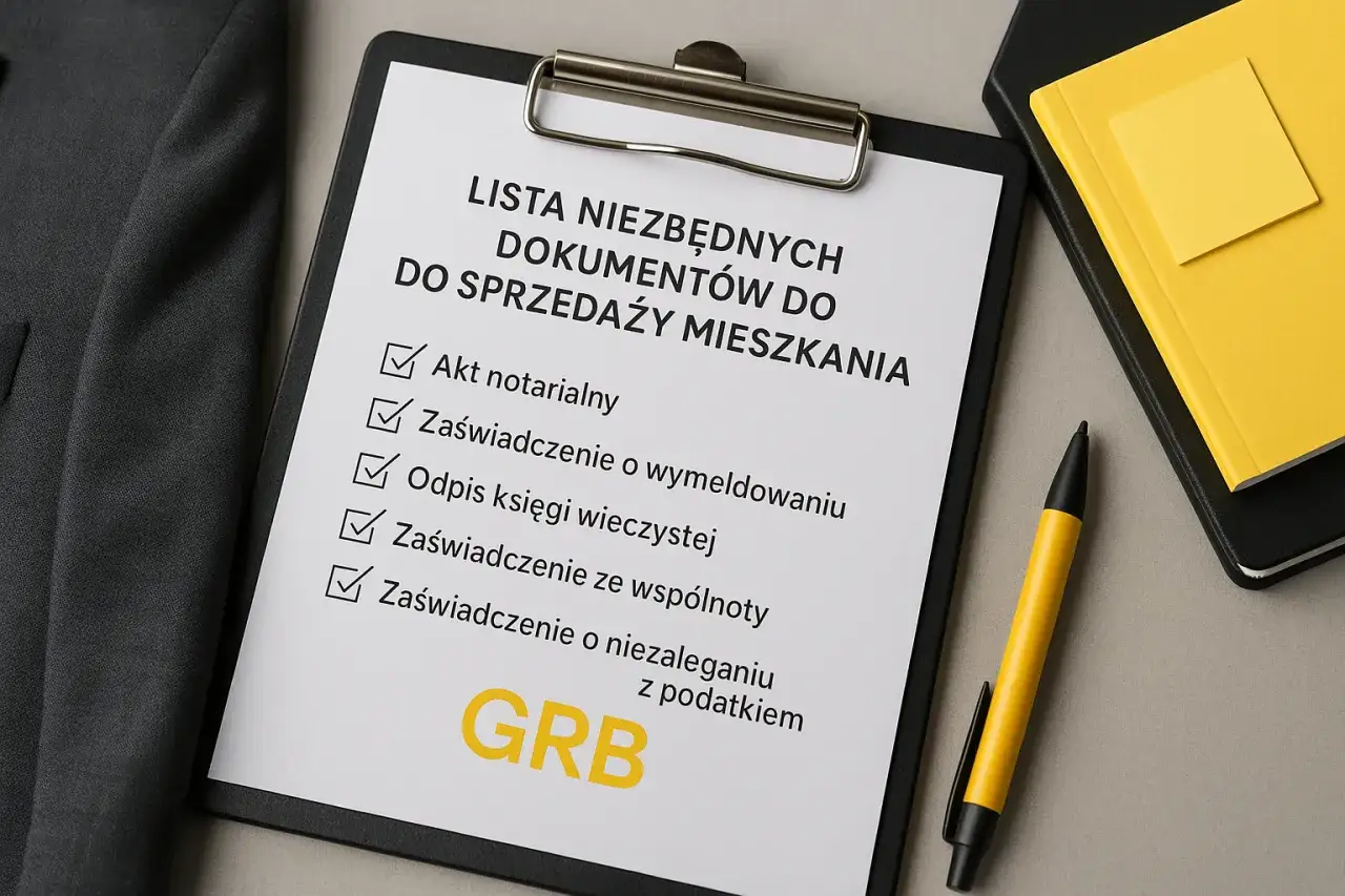 Lista niezbędnych dokumentów do sprzedaży mieszkania: akt notarialny, zaświadczenie o wymeldowaniu, odpis księgi wieczystej, zaświadczenie ze wspólnoty, zaświadczenie o niezaleganiu z podatkiem.