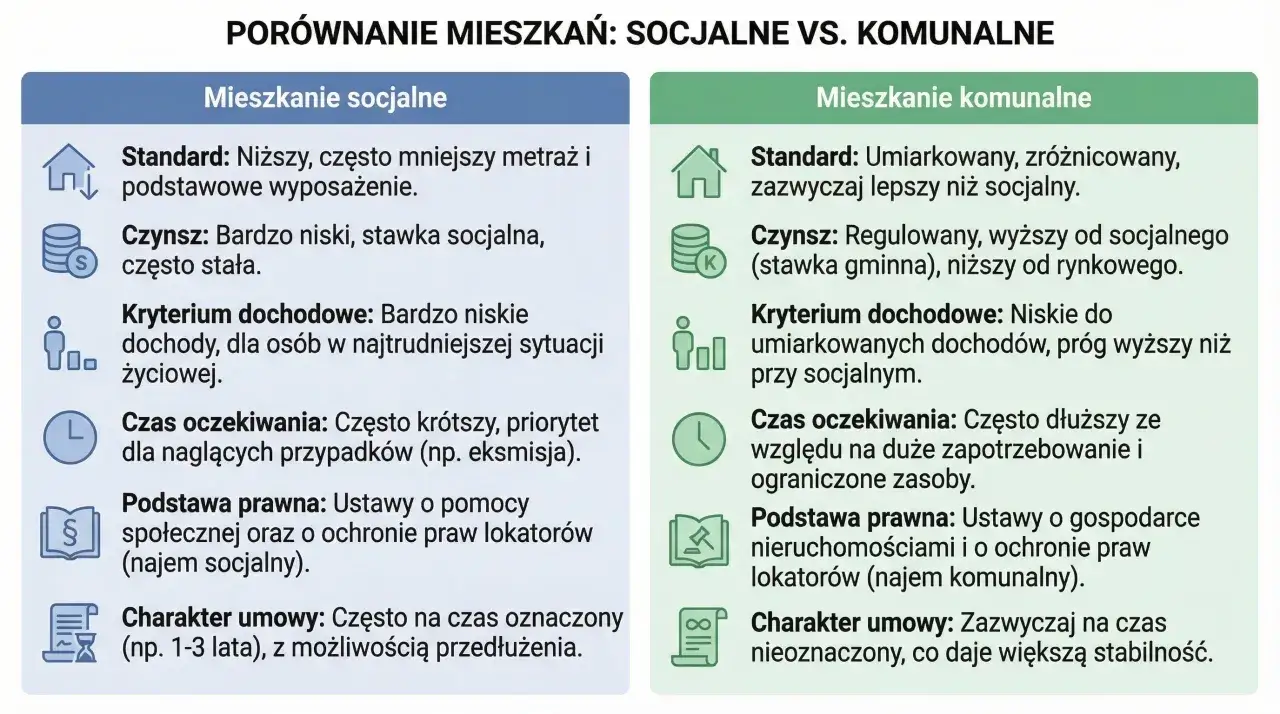 Porównanie mieszkań: socjalne vs. komunalne. Kryterium dochodowe dla mieszkań komunalnych jest niskie, ale nie tak niskie jak dla socjalnych.