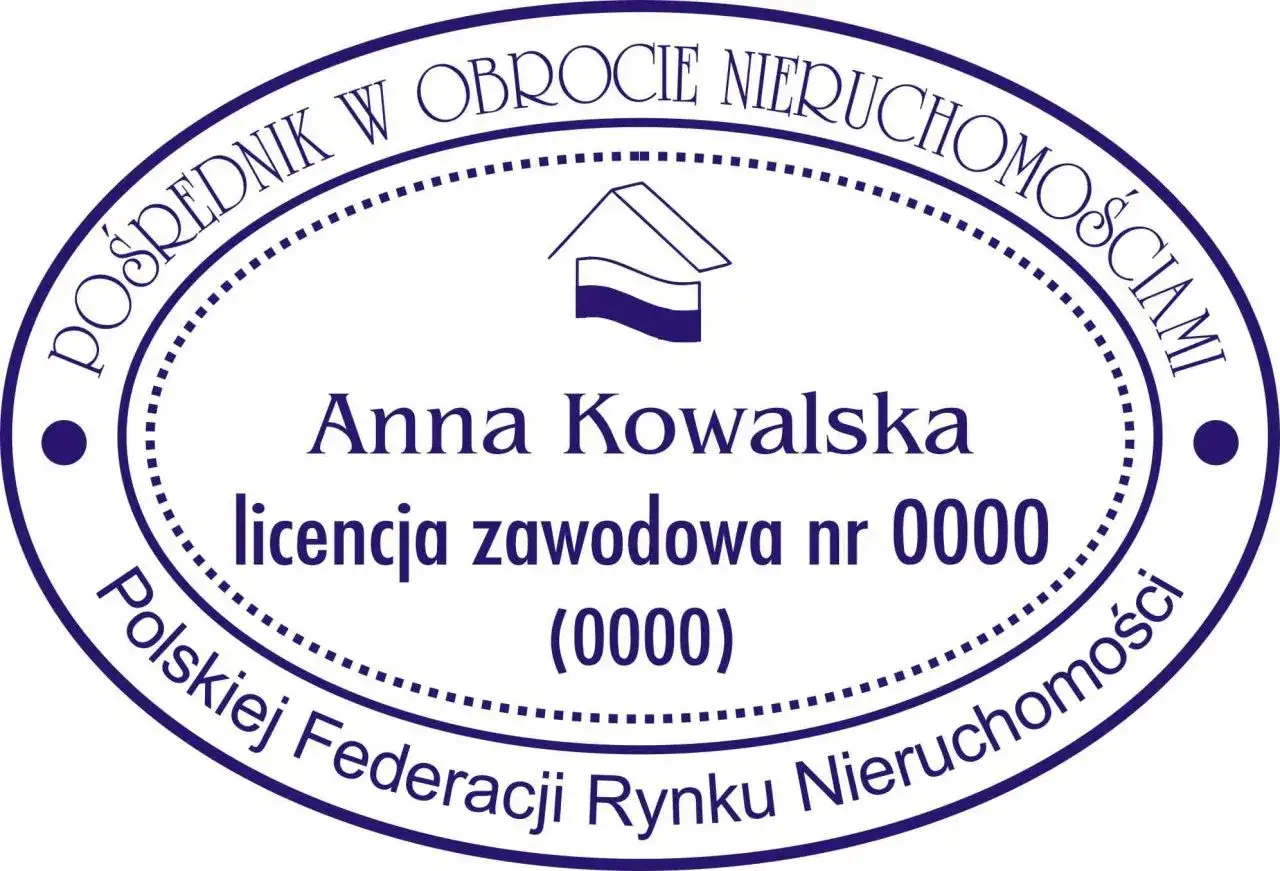 Pieczęć z licencją pośrednika nieruchomości Anny Kowalskiej, nr 0000. Pośrednik w obrocie nieruchomościami Polskiej Federacji Rynku Nieruchomości.