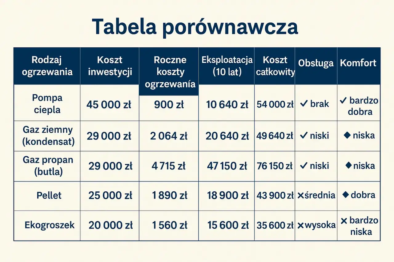 Tabela porównawcza: jakie ogrzewanie do nowego domu? Koszty inwestycji, eksploatacji i komfort dla pomp ciepła, gazu, pelletu i ekogroszku.