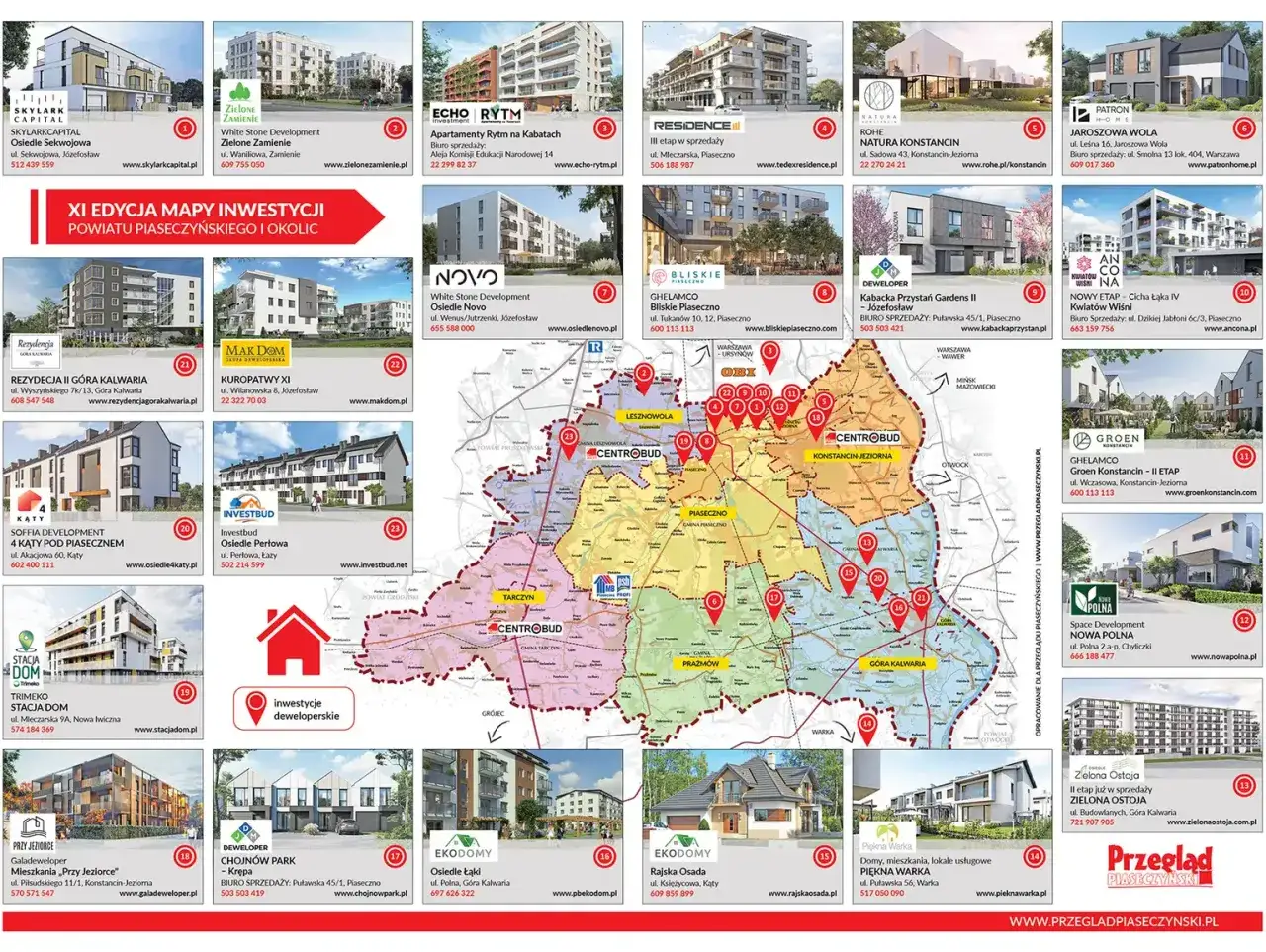 Mapa inwestycji z lokalizacjami osiedli i informacją o liczbie miejsc parkingowych na mieszkanie.