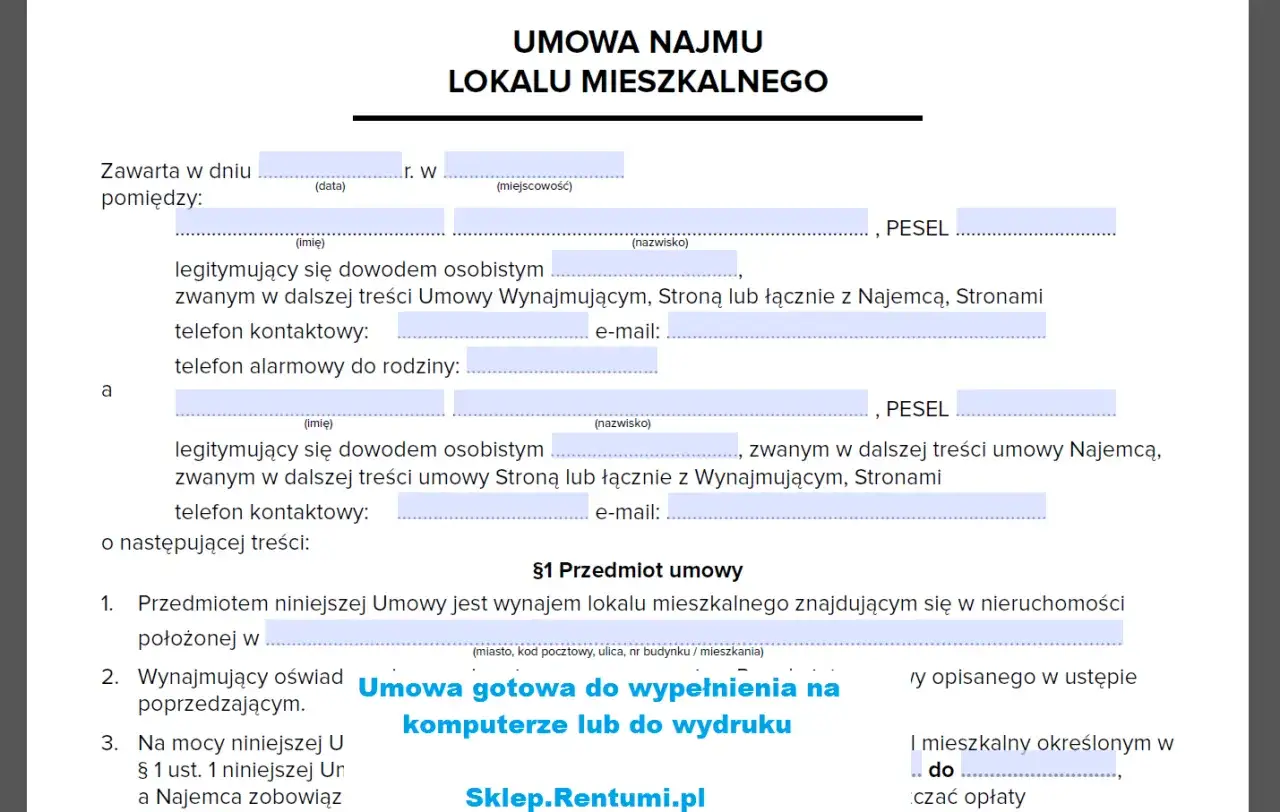 Umowa najmu lokalu mieszkalnego. Formularz do wypełnienia, idealny do wynajmu poland apartments for rent.