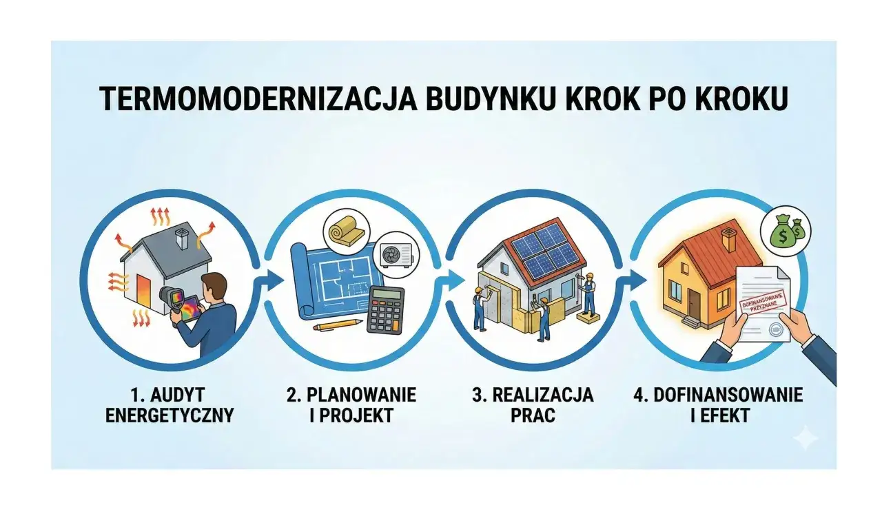 Termomodernizacja krok po kroku: 1. Audyt energetyczny, by wiedzieć, ile ważny jest audyt energetyczny. 2. Planowanie, 3. Realizacja, 4. Dofinansowanie.