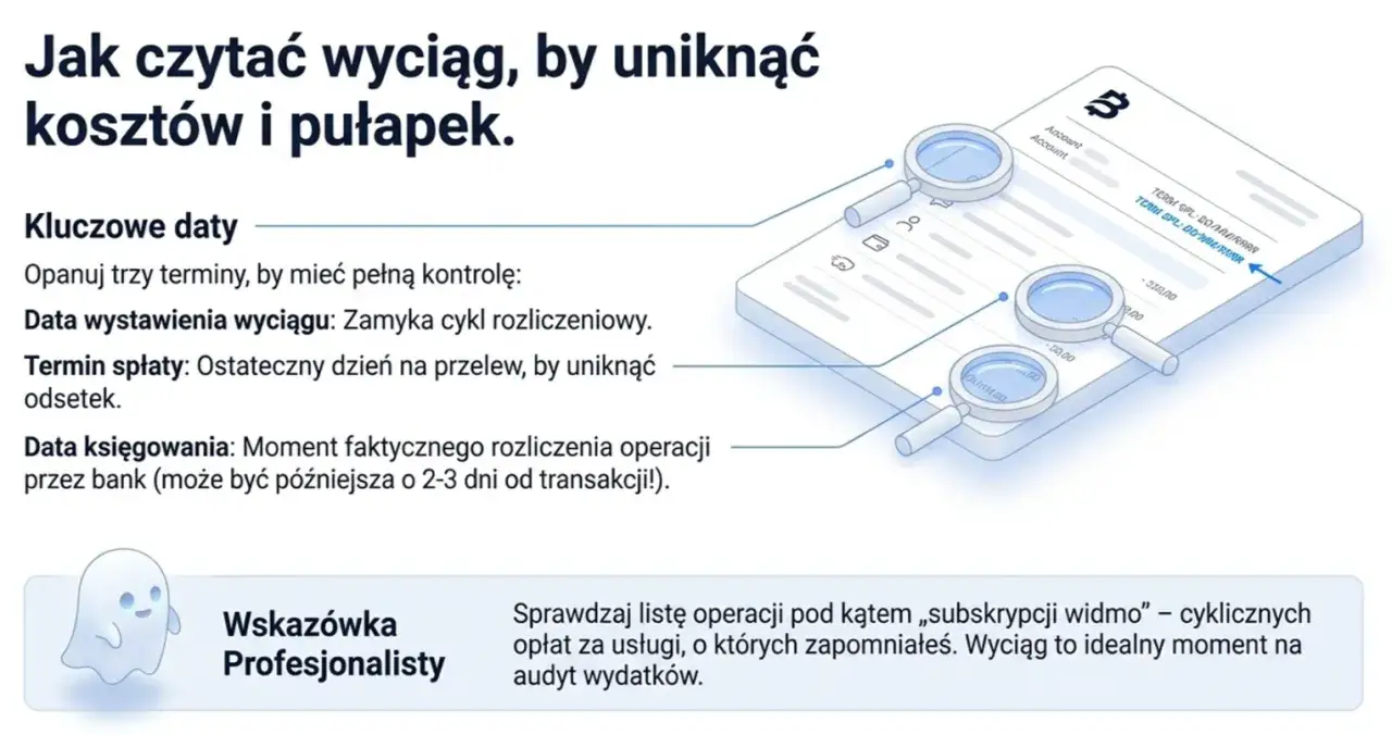 Wyciąg z karty kredytowej z lupami analizującymi kluczowe daty i transakcje. Poradnik jak czytać wyciąg, by uniknąć kosztów.