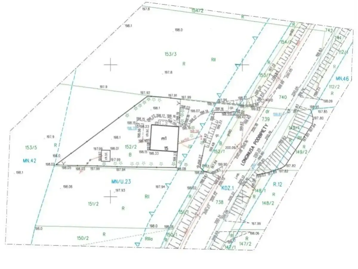 Mapa zasadnicza z oznaczeniami działek, budynków (m1) i wysokościami terenu.