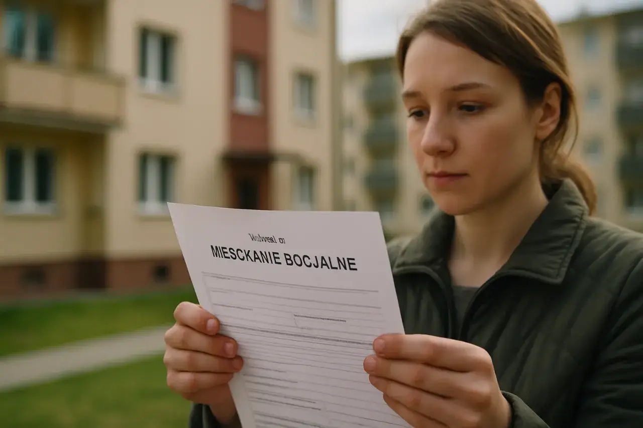 Kobieta czyta dokument o tym, jak starać się o mieszkanie socjalne. W tle blok mieszkalny.